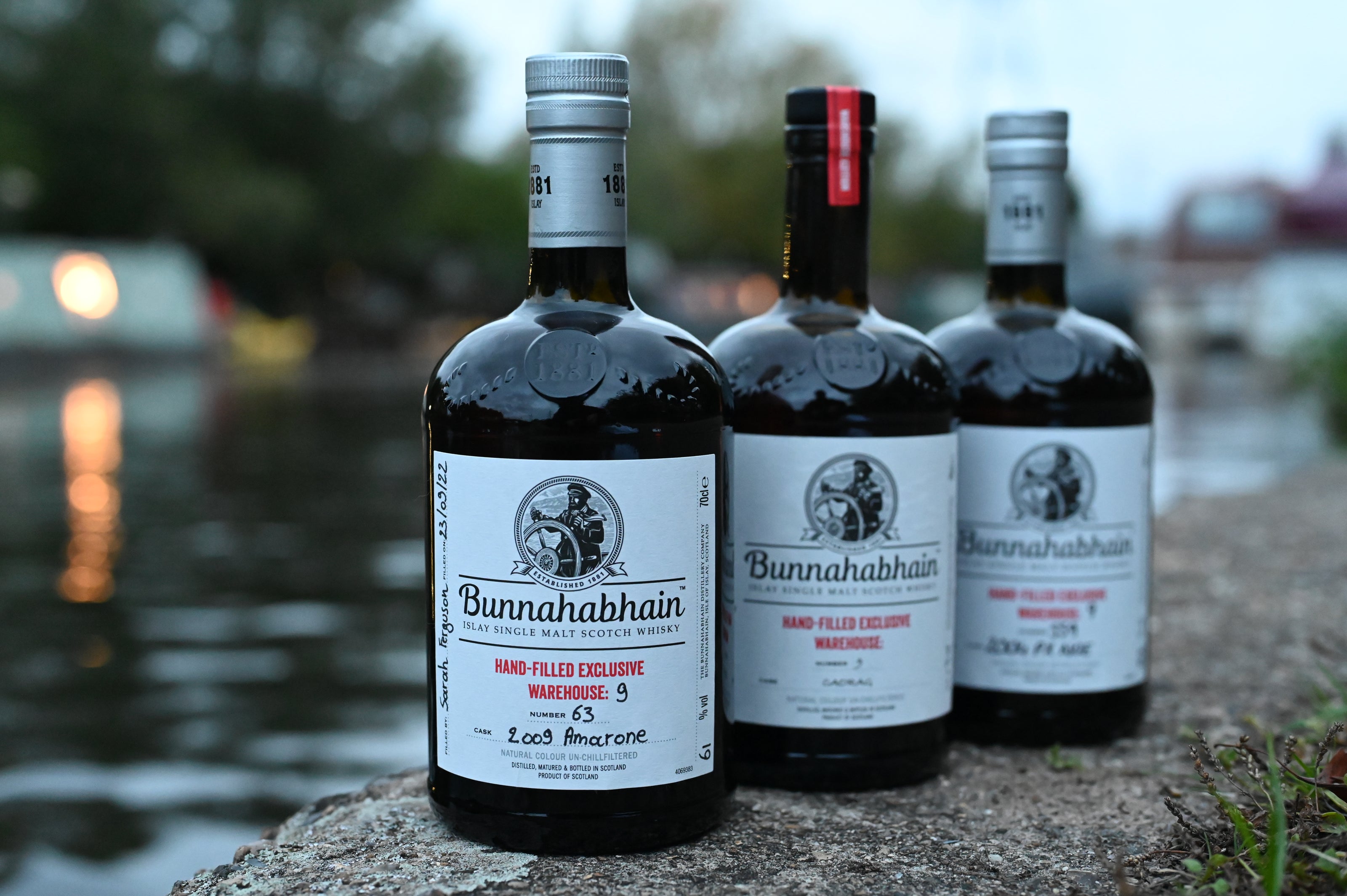 line up of bunnahabhain bottles 